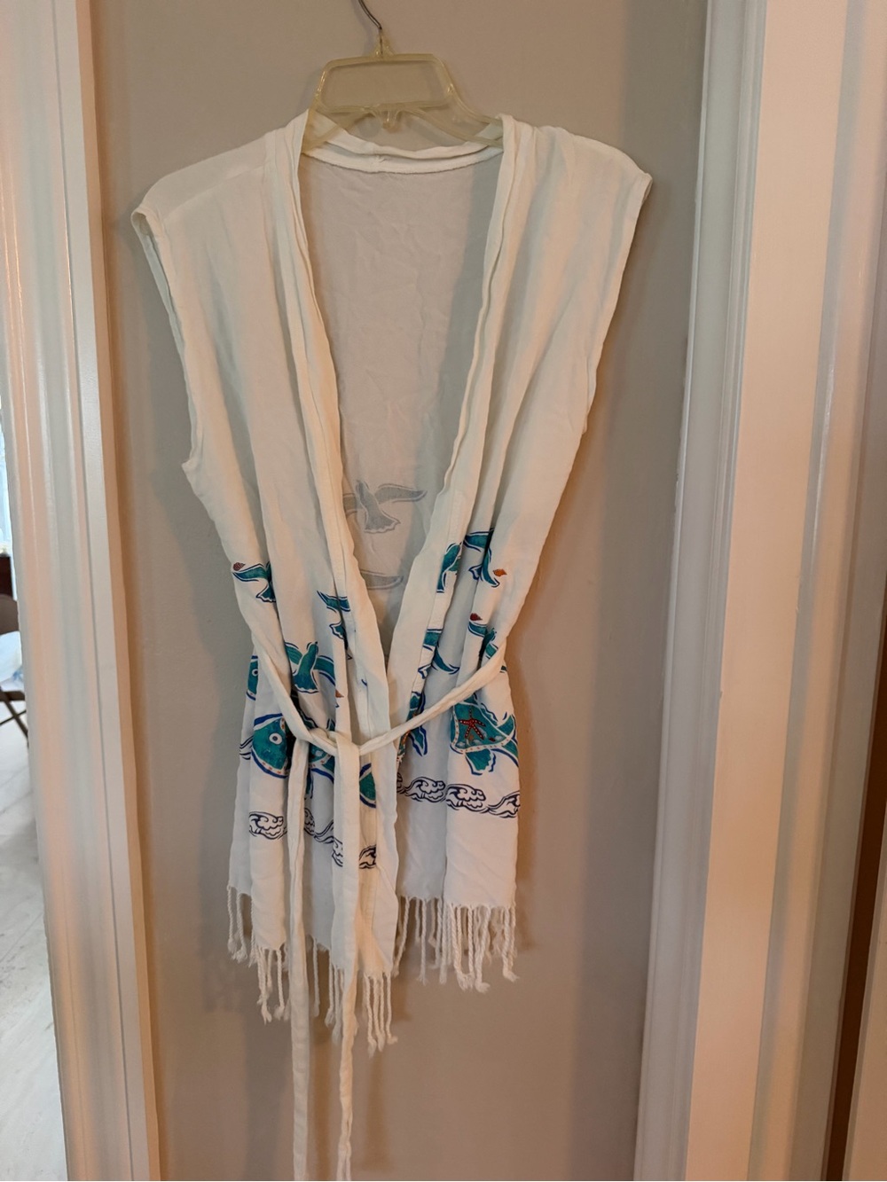 White and Teal Fish Pattern Cotton cover up/ robe